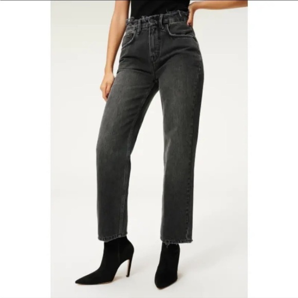 GOOD AMERICAN High Rise Cropped Straight Leg Washed Black Denim Jean Size 15 NEW - Picture 1 of 11